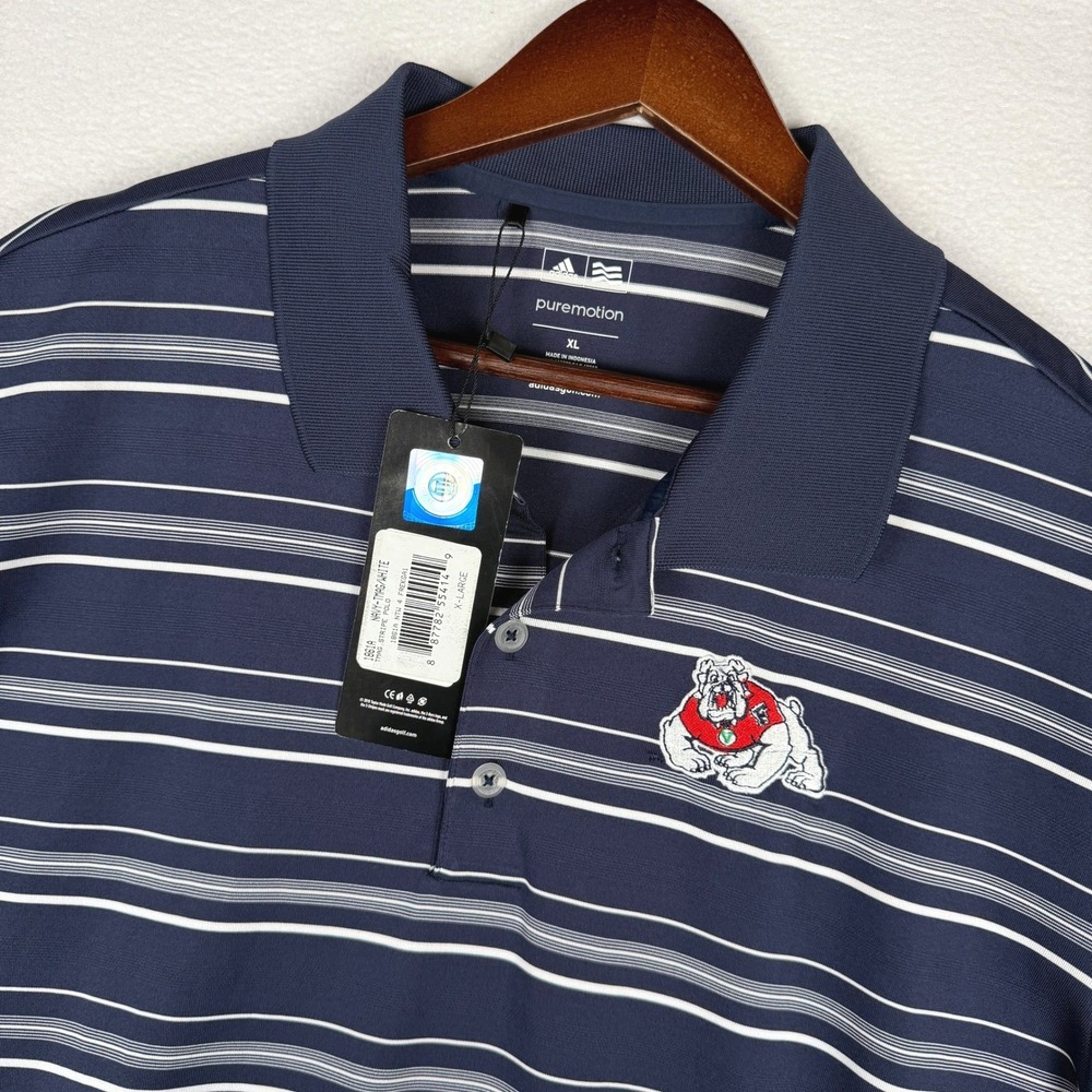 NWT Fresno State Bulldogs Adidas Polo Shirt Mens XL Navy White Stripe Puremotion